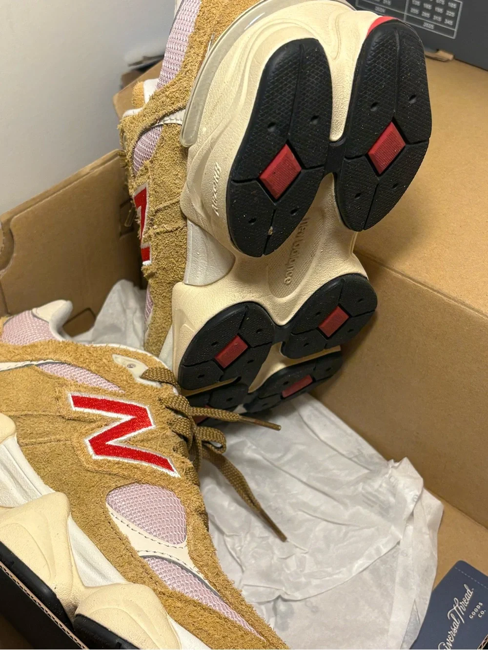 New Balance Women's Tan & Pink Suede Chunky Runner with Red Logo